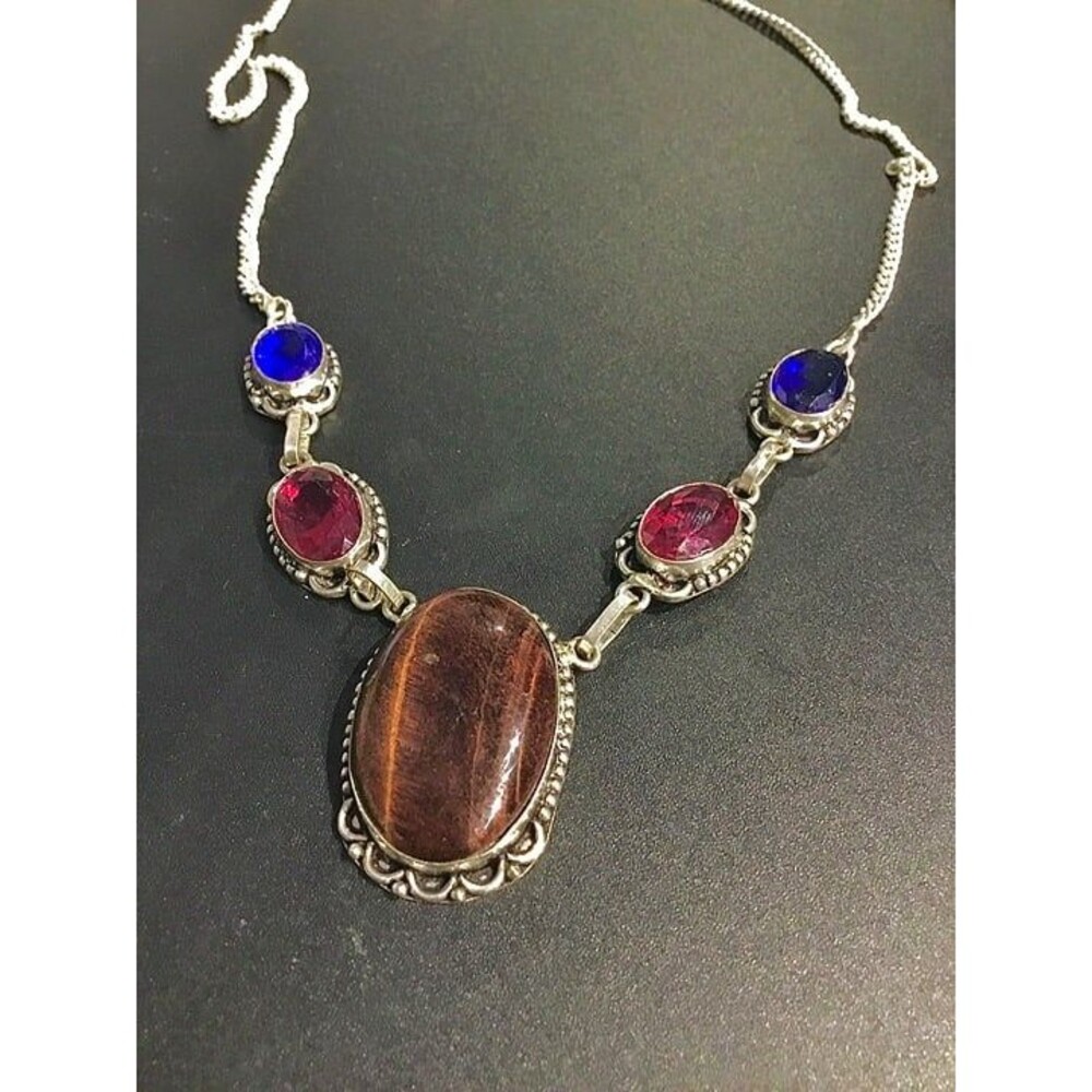 Boho Silver Multi Gemstone Necklace Tiger's Eye Sapphire Garnet
